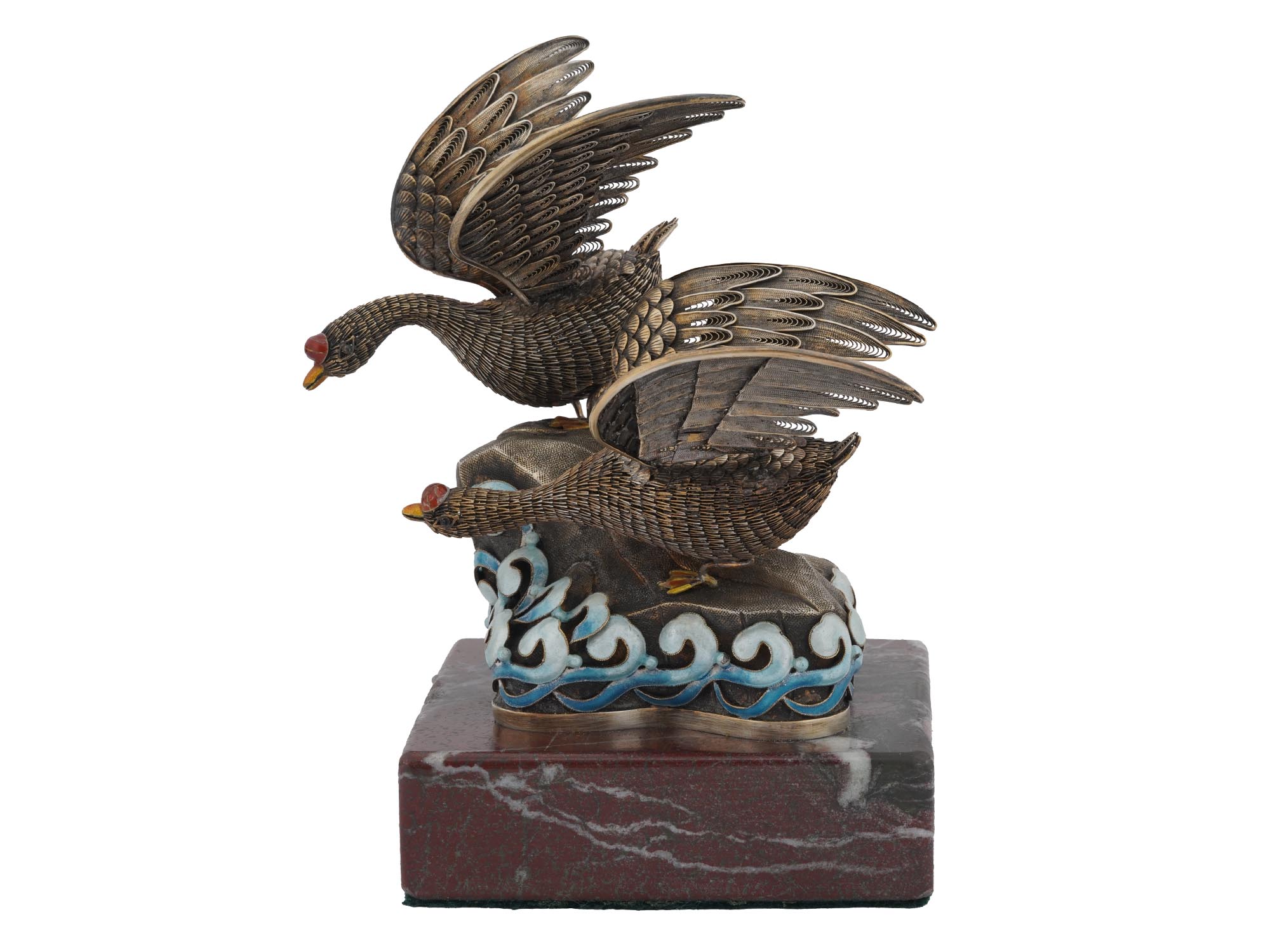 TWO RUSSIAN SILVER FILIGREE ENAMEL DUCK FIGURINES PIC-1